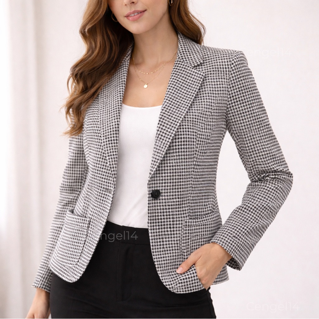 Talbots Black & White Check Single-Button Blazer Lined Tailored Jacket M Nwot